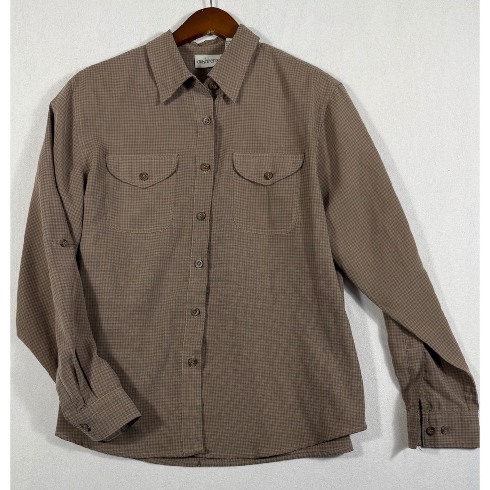 Vintage Apparenza Brown Micro Check Roll Tab Button Down Shirt Large 90s Utility